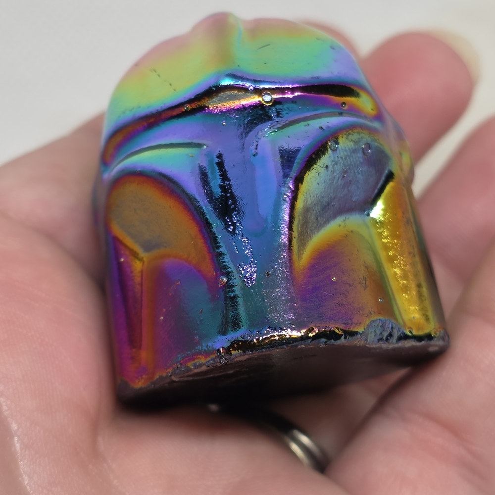 Rainbow Aura Obsidian Mandalorian Helmet Carving | Titanium Crystal | Star Wars - Picture 6 of 8